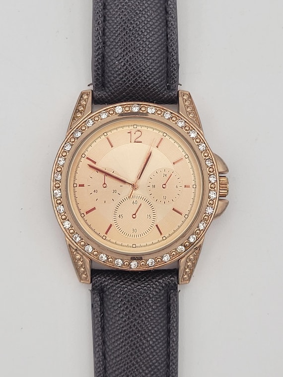 Vintage Rose Gold Tone Ladies Watch with Rhinestones, 3 Faux Chronographs & Faux Leather Band Costume Jewelry Statement Timepiece Women