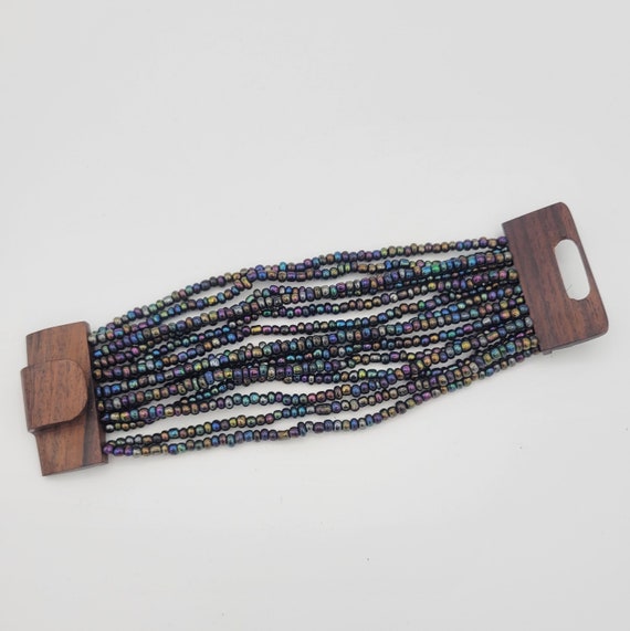 Vintage Oversize Multi-Strand Jewel Tone Beaded Bracelet with Wooden Hook Clasp Costume Jewelry Retro Statement Women Boho Bohemian Cuff