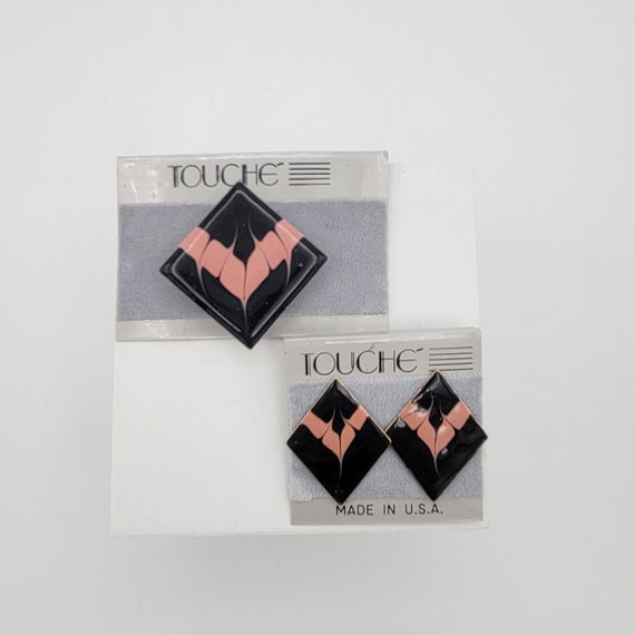 Vintage NEW 1980s Touche Diamond Shaped Jewelry Set with Earrings & Brooch Costume Jewelry Retro Women Statement Black Pink Enamel Geometric