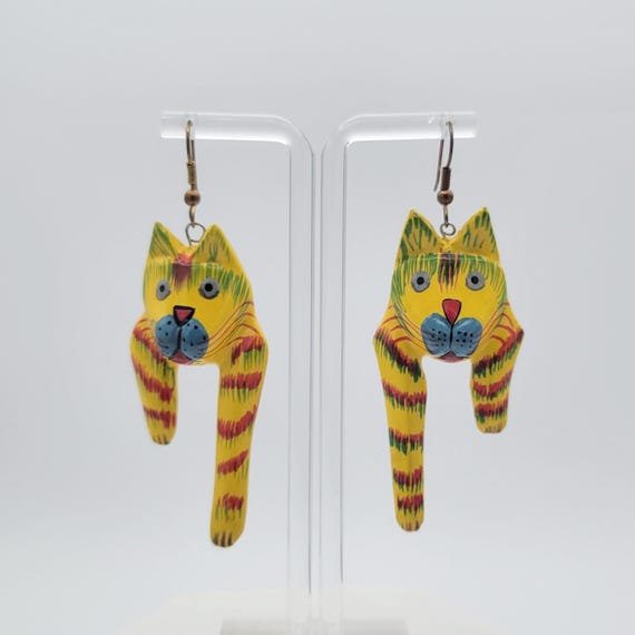Vintage Lightweight Painted Wood Whimsical Striped Cat Dangle Earrings Costume Jewelry Retro Women Statement Yellow Blue Green Enamel Paws