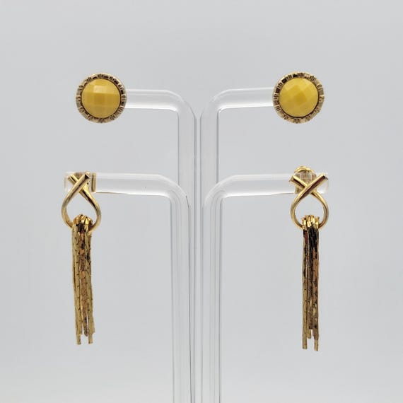 2 Pair of Vintage Gold Tone Earrings Yellow Cabochon Circular Studs & Chain Dangles Costume Jewelry Retro Women Statement