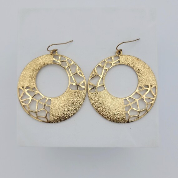 Vintage Gold Tone Openwork Circular Dangle Earrings with Textured Finish Costume Jewelry Retro Women Statement 2 1/2" Long Round Circle
