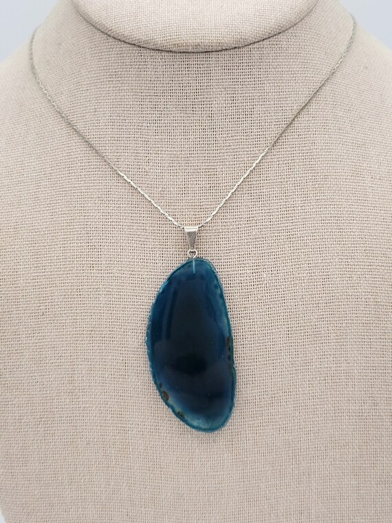 Vintage NEW 18KT Gold Plated Herringbone Chain Necklace with Blue Green Dyed Agate Slice Pendant Costume Jewelry Retro Statement Slab 23.5"