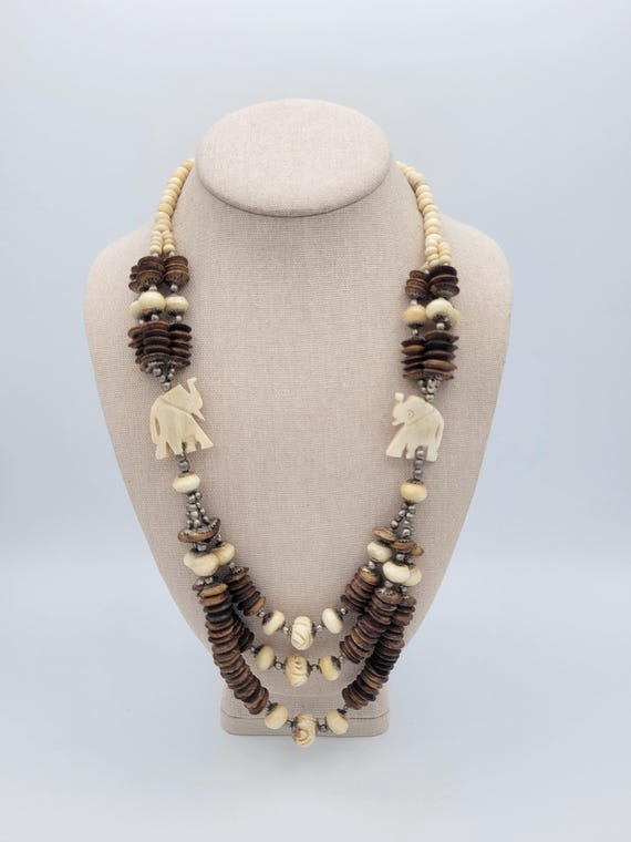 Vintage 1970s Natural Wood & Bone Elephant Beaded Necklace with Hook Clasp Costume Jewelry Retro Statement Chunky Wide Thick Bohemian