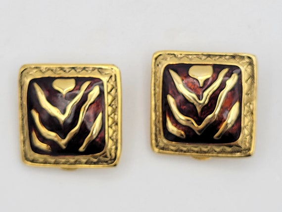 Vintage 1980s Chunky Gold Tone & Red Glitter Enamel Animal Stripe Square Stud Clip On Earrings Costume Jewelry Retro Big Oversize Heavy