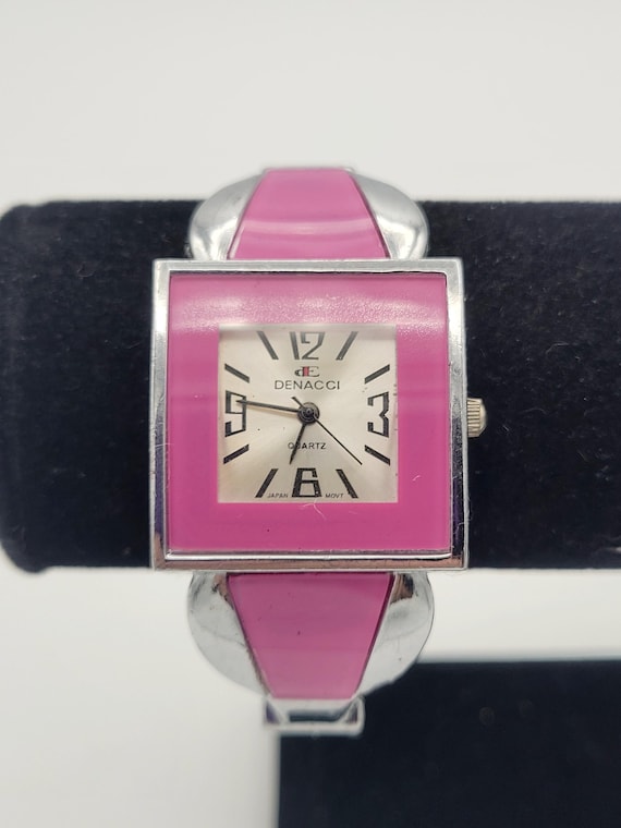 Vintage Denacci Silver Tone & Pink Enamel Square Ladies Cuff Watch with Double Hinge Costume Jewelry Women Accessories Statement Chunky Big