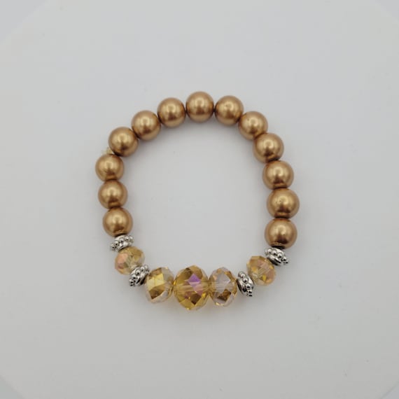 Vintage Bronze Colored Beaded Stretch Bracelet with Solid & Faceted Beads Bangle Costume Jewelry Retro Statement Women Round Faux Pearl