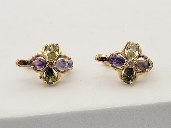 Vintage Gold Tone Clover Drop Earrings with Purple & Green Pear Shaped Rhinestones Hoop Dangle Costume Jewelry Retro Women Accent Latch Back