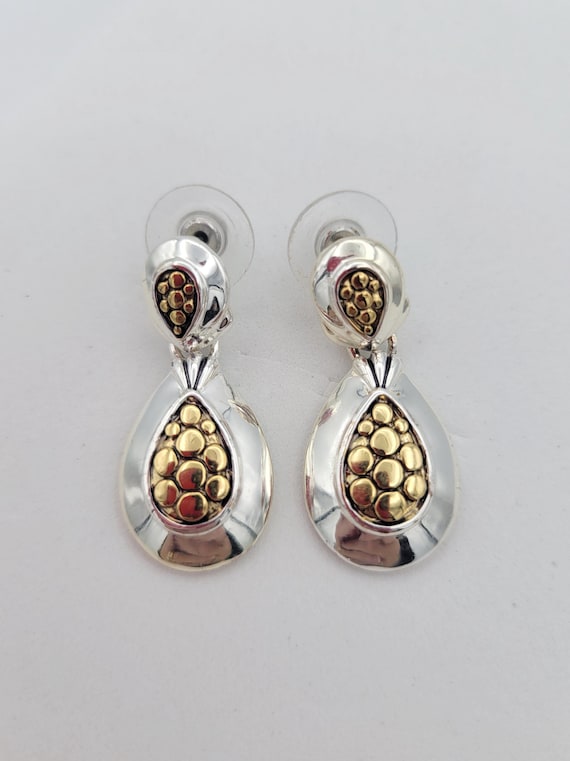 Vintage Premier Designs Two Tone Teardrop Dangle Earrings Costume Jewelry Retro Women Statement Geometric Pear Textured Silver Gold Tone