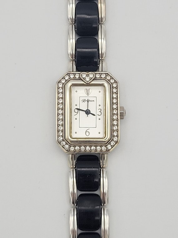 Retired Brighton Encino Silver Tone & Black Acrylic Ladies Bracelet Watch Costume Jewelry Retro Statement Women Timepiece Heart Rectangle