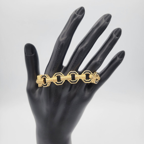 Vintage Monet Gold Tone & Black Enamel Octagon Linked Bracelet with Snap Lock Clasp Costume Jewelry Retro Statement Women Openwork Geometric