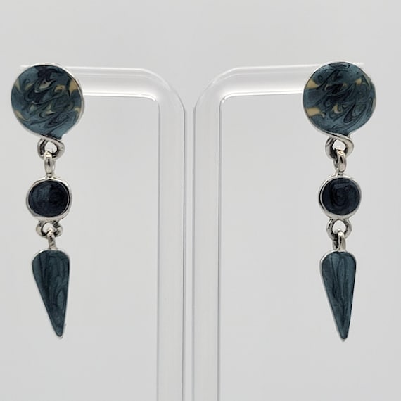 Vintage Silver Tone Triple Link Geometric Dangle Earrings with Blue & Yellow Swirl Enamel Costume Jewelry Retro Women Accent Statement