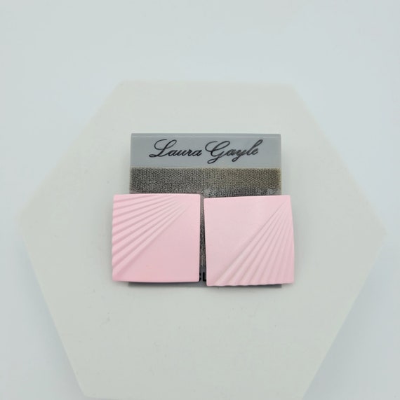Vintage NEW 1980s Laura Gayle Pink Square Geometric Clip On Earrings Costume Jewelry Retro Women Statement Studs Pleated Textured on Card