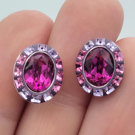 Vintage Silver Tone Oval Stud Earrings Encrusted with Pink & Purple Rhinestones Costume Jewelry Retro Women Statement Sparkle 1/2" x 3/8"