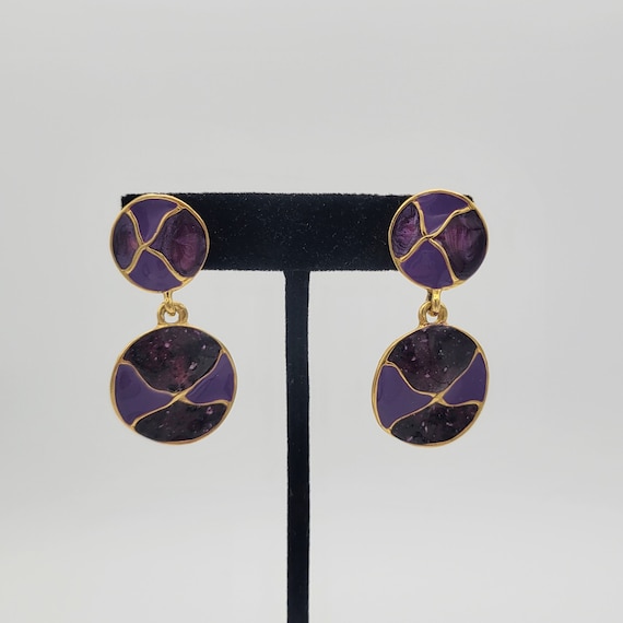 Vintage 1990s Gold Tone & Purple Enamel Double Link Circular Dangle Earrings Costume Jewelry Retro Women Statement Circle Round Geometric