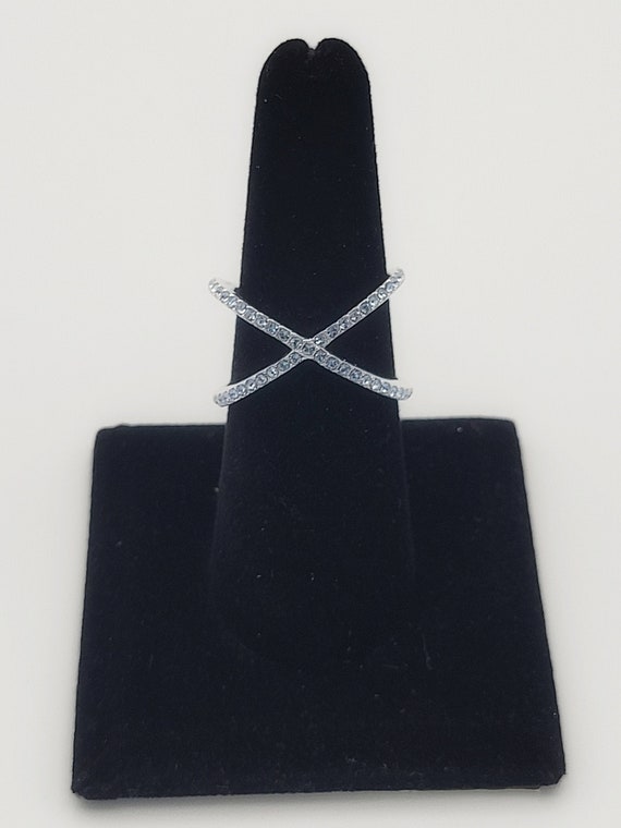 Vintage NEW Silver Tone Criss Cross Statement Ring with Rhinestones Right Hand Costume Jewelry US Size 7 Clear Minimalist X Bands
