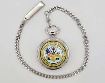 US Army Silver Tone & Enamel Round Men's Pocket Watch with Military Seal Design In Box Costume Jewelry Statement Timepiece Wristwatch