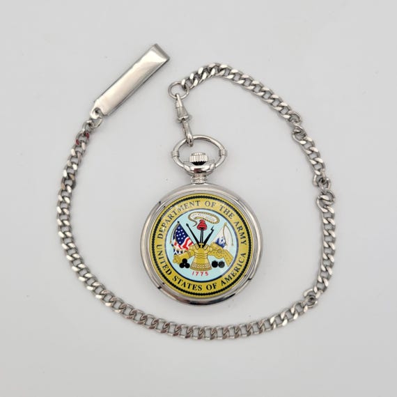 US Army Silver Tone & Enamel Round Men's Pocket Watch with Military Seal Design In Box Costume Jewelry Statement Timepiece Wristwatch