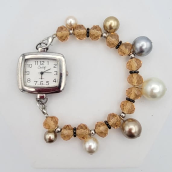 Vintage Rectangular Silver Tone Beehive Swap Watch with Orange Faceted Beads & Faux Pearls Band Ladies Bracelet Costume Jewelry Statement