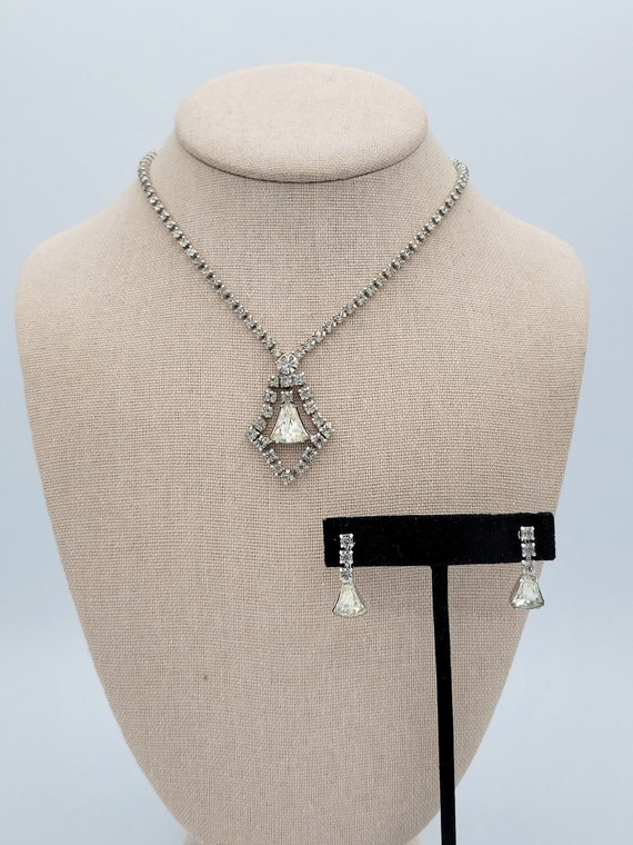 Vintage Silver Tone Rhinestone Encrusted Art Deco Style Jewelry Set with Necklace & Screw Back Earrings Costume Jewelry Retro Women Formal