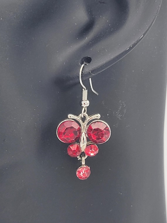 Vintage Silver Tone & Raspberry Rhinestone Encrusted Butterfly Dangle Earrings Costume Jewelry Women Retro Statement Crystal Pink Red Insect
