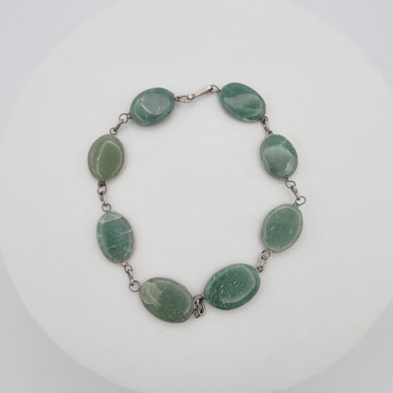 Vintage Green Aventurine & Silver Tone Wire Wrapped Bracelet Costume Jewelry Retro Statement Women Mineral Stone Oval 11" Long Anklet Boho