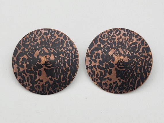 Vintage Thin Domed Copper Circle Stud Earrings with Black Leopard Print Costume Jewelry Retro Women Statement Spots 1 1/4" Diameter Animal