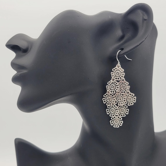 Vintage NEW Silver Tone Openwork Floral Stacked Chandelier Dangle Earrings Costume Jewelry Retro Women Statement Layered Diamond Shape