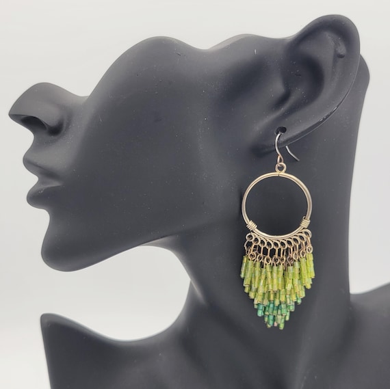 Vintage Gold Tone Openwork & Green Ombre Beaded Chandelier Dangle Earrings Costume Jewelry Retro Statement Women Gradual Gradient Circle