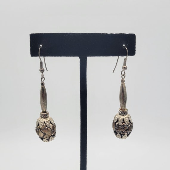 Vintage Two Tone Metal Floral Bead Dangle Earrings with Rhinestone Accents Costume Jewelry Women Statement Retro Flowers Lightweight 2 1/2"