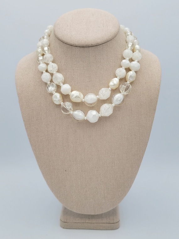 Vintage 1960s Western Germany Two Strand Faux Pearl & Clear Beaded Necklace with Hook Clasp Costume Jewelry Retro Statement Double White