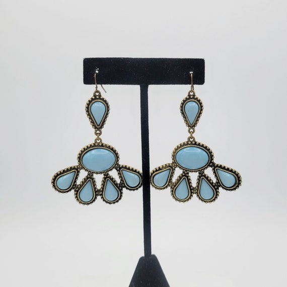 Vintage Antique Gold Tone Bohemian Dangle Earrings with Baby Blue Cabochons Costume Jewelry Retro Women Statement Large Oversize Nailhead