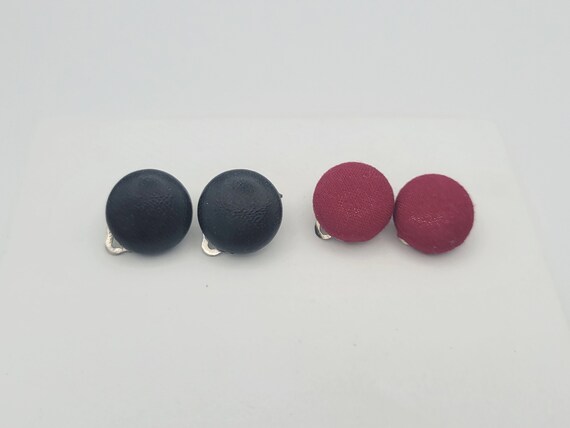 Two Pairs of Vintage 1980s Round Button Clip On Earrings Costume Jewelry Statement Accessories Women Black Faux Leather & Red Fabric Circle