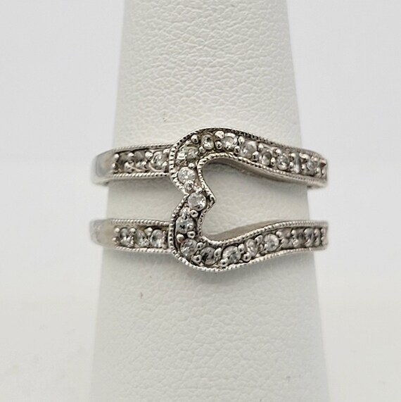 Vintage Silver Tone Openwork Heart Shaped Buckle Cocktail Ring with Rhinestones Statement Right Hand Ring Costume Jewelry US 8 Double Band