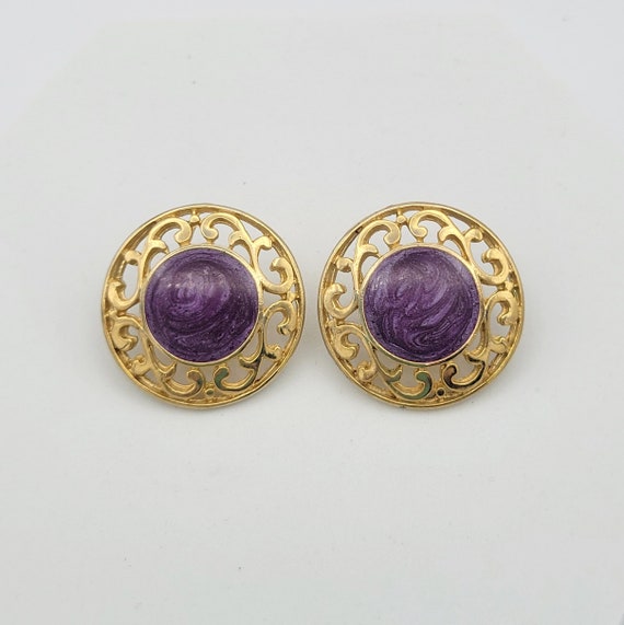 Vintage 1990s Gold Tone Openwork Filigree Circle Stud Earrings with Purple Glitter Enamel Costume Jewelry Retro Women Statement 1 1/8" Round