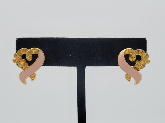 Vintage Avon Gold Tone & Pink Enamel Breast Cancer Awareness Heart Ribbon Stud Earrings Costume Jewelry Retro Women Statement Floral Flower
