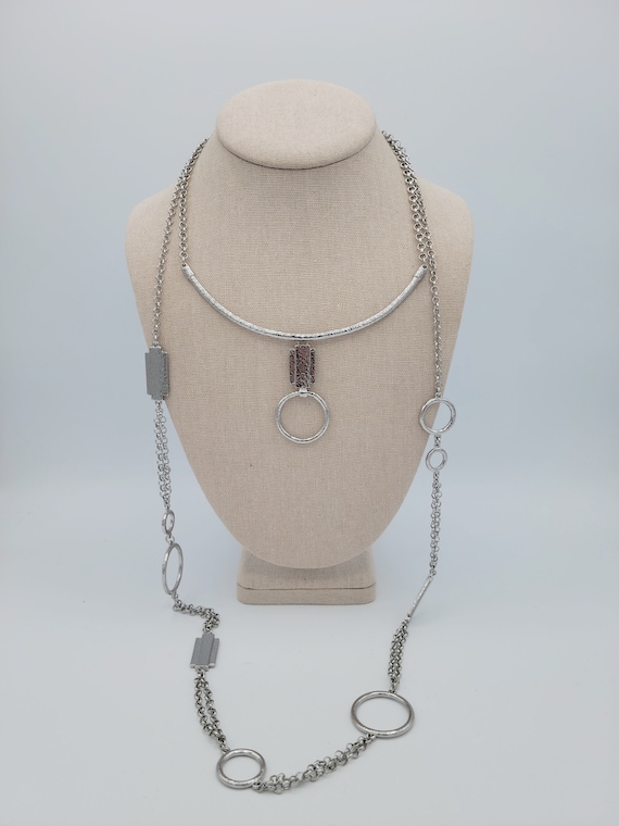 Vintage Chico's Silver Tone Two Tiered Cable Chain Necklace with Hammered Accents Costume Jewelry Retro Statement Women Accessories Layered