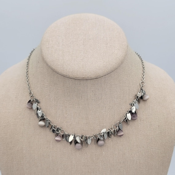 Vintage NY Silver Tone Oval Charm & Gray Faux Tigers Eye Bib Necklace Choker Costume Jewelry Retro Statement Women Adjustable Cable Chain