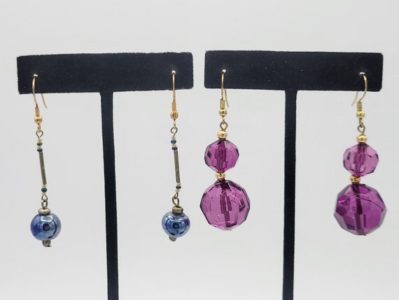 2 Pair of Vintage Gold Tone Beaded Dangle Earrings Costume Jewelry Retro Women Statement Purple Iridescent Blue Long Chunky Beads Two