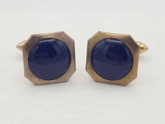 Vintage 1960s Gold Tone Octagonal Men's Cuff Links with Cobalt Blue Cabochons Costume Suit  Men's Accessories Accent Octagon Glass