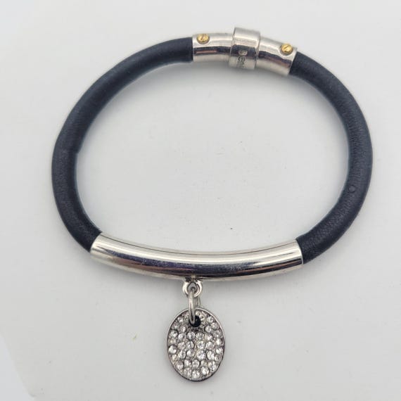 Henri Bendel New York Black Leather Cord & Silver Tone Rhinestone Charm Bracelet with Magnetic Clasp Costume Jewelry Retro Statement Women
