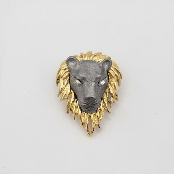 RARE Vintage UltraCraft Gold Tone & Pewter Lion's Head Brooch with Rhinestone Eyes Costume Jewelry Retro Women Statement Mane Crystal Muzzle