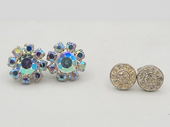 2 Pair Vintage Silver Tone & Rhinestone Encrusted Stud Earrings Costume Jewelry Retro Women Statement Elegant Formal Flower Round Floral