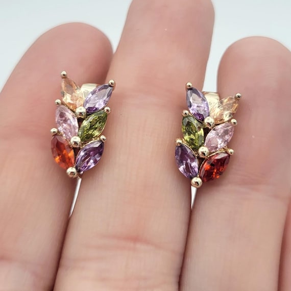 Vintage Gold Tone & Rainbow Marquise Rhinestone Drop Earrings Hoop Dangle Costume Jewelry Retro Women Statement Latch Back Posts 3/4"