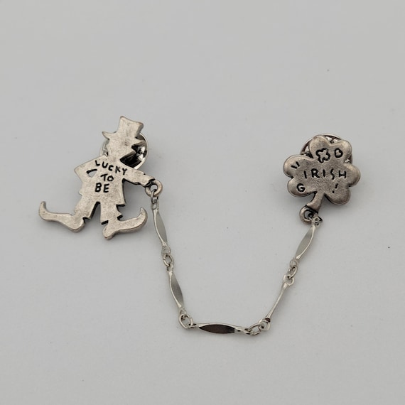 Vintage Silver Tone Lucky to be Irish Leprechaun & Shamrock Sweetheart Brooch Pin St. Patrick's Day Costume Jewelry Statement Luck Chain Hat