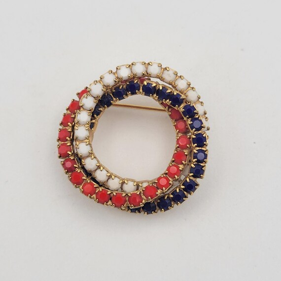 Vintage 1960s Gold Tone Circle Brooch with White, Red & Blue Prong Set Rhinestones Costume Jewelry Retro Statement Lapel Hat Pin American