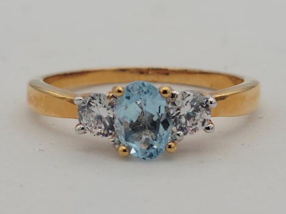 Vintage Gold Tone & Oval Faux Aquamarine with Clear CZ Accents Cocktail Ring Costume Jewelry Statement Retro Accessories Women Size US 8 3/4