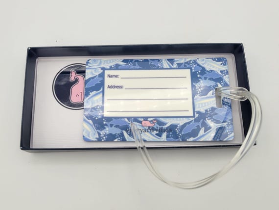 NEW Vineyard Vines Plastic Luggage Tag with Gift Box Fish Design Men's Ladies Purse Accessories Retro Women Travel Suitcase Tag Blue White