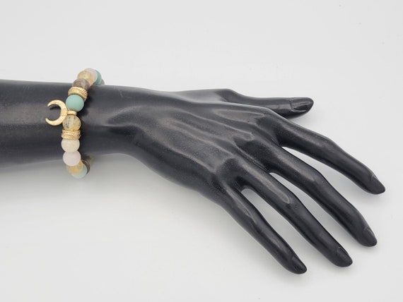 Vintage Gold Tone & Multi-Colored Quartz Beaded Stretch Bracelet Costume Jewelry Retro Statement Women Accessories Minerals 6 1/2" Rose