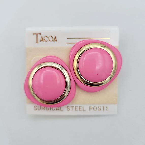 Vintage NEW 1980s Oversize Gold Tone & Pink Plastic Earrings with Rack Card Costume Jewelry Retro Women Statement Chunky Thick Triangular